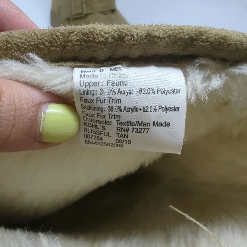 SO Womens Boot Tan Suede Fabric Faux Fur Lined Pull On Size 8